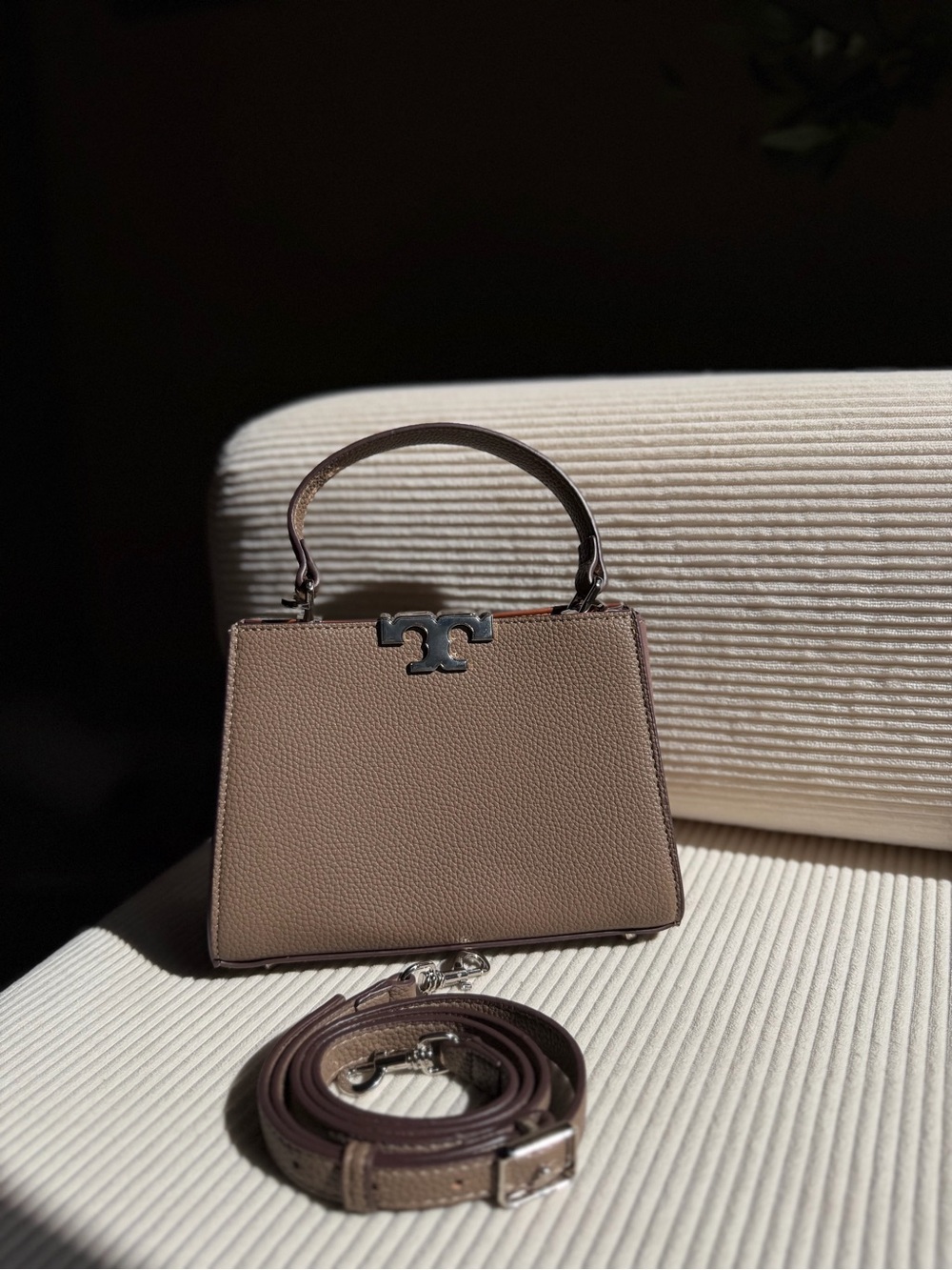 Tory Burch Taupe Leather Top-Handle Bag with Detachable Strap